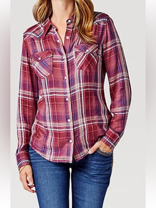 Wrangler Retro Tops - Wrangler Retro Plaid Pearl Snap Western Button Down Long Sleeve Shirt Womens XL